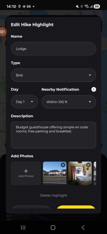 The Edit Hike Highlight panel showing the Nearby Notification dropdown set to Within 100 ft