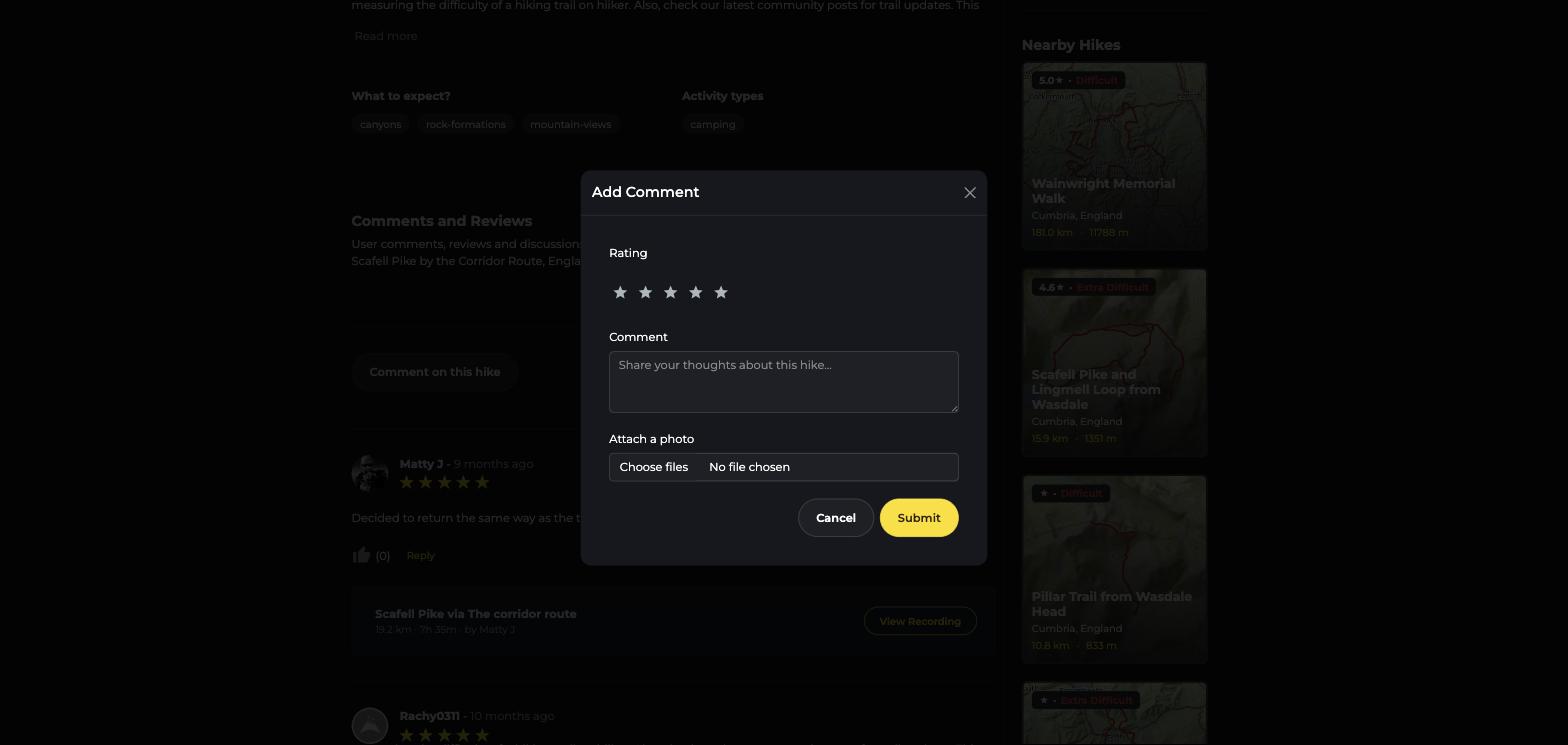 The Add Comment window on a HiiKER hike page with star rating, comment box and photo upload