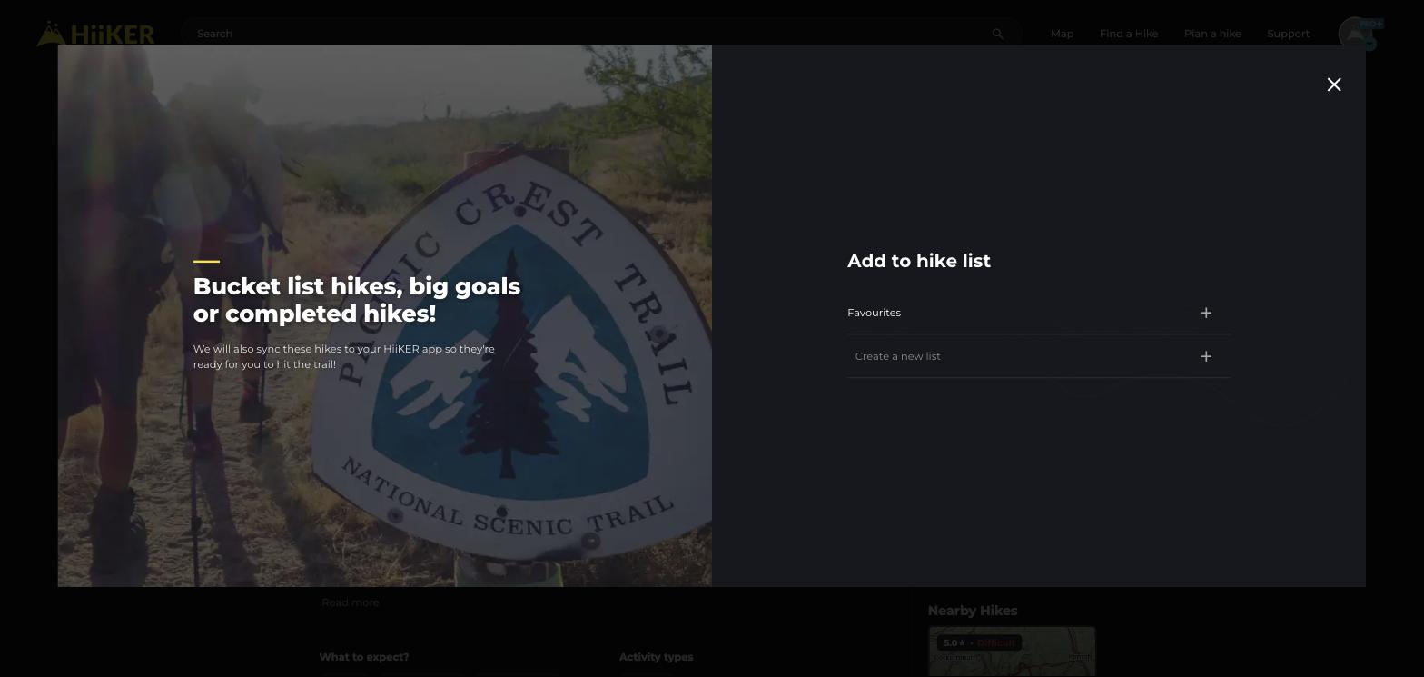 The Add to hike list window on the HiiKER website