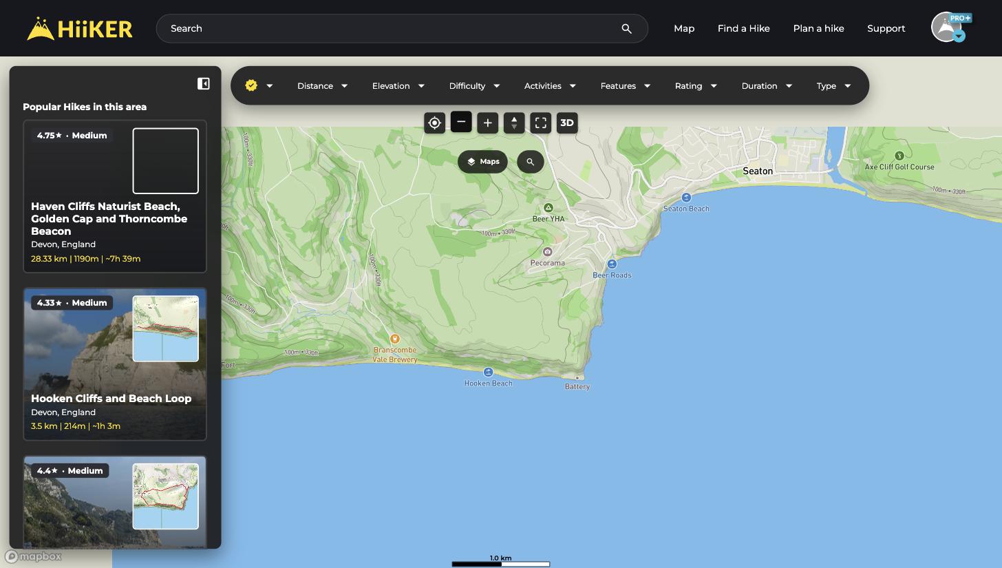 The Find a Hike page on the HiiKER website with hike cards beside the map