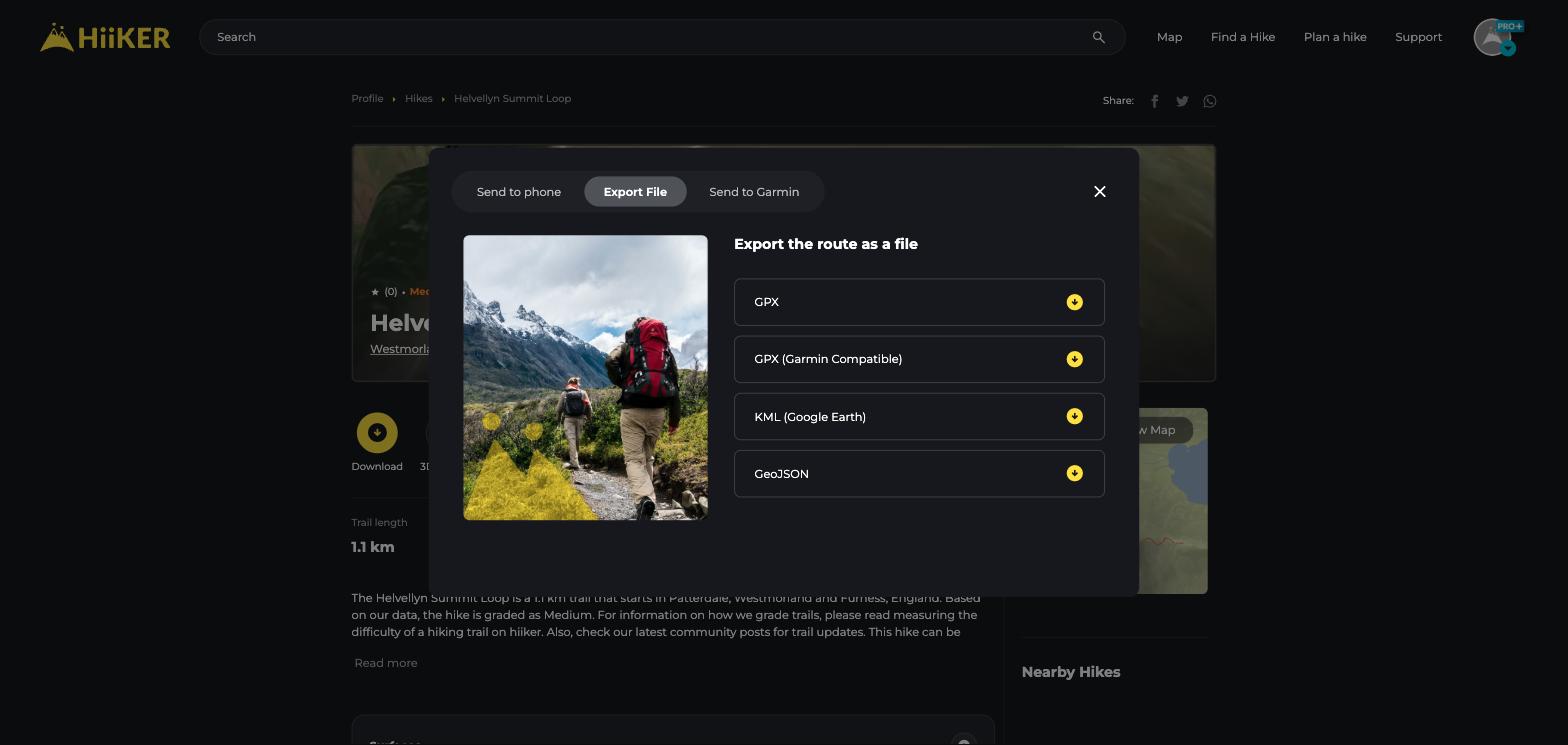 The Export File tab on a HiiKER hike with GPX, KML and GeoJSON options