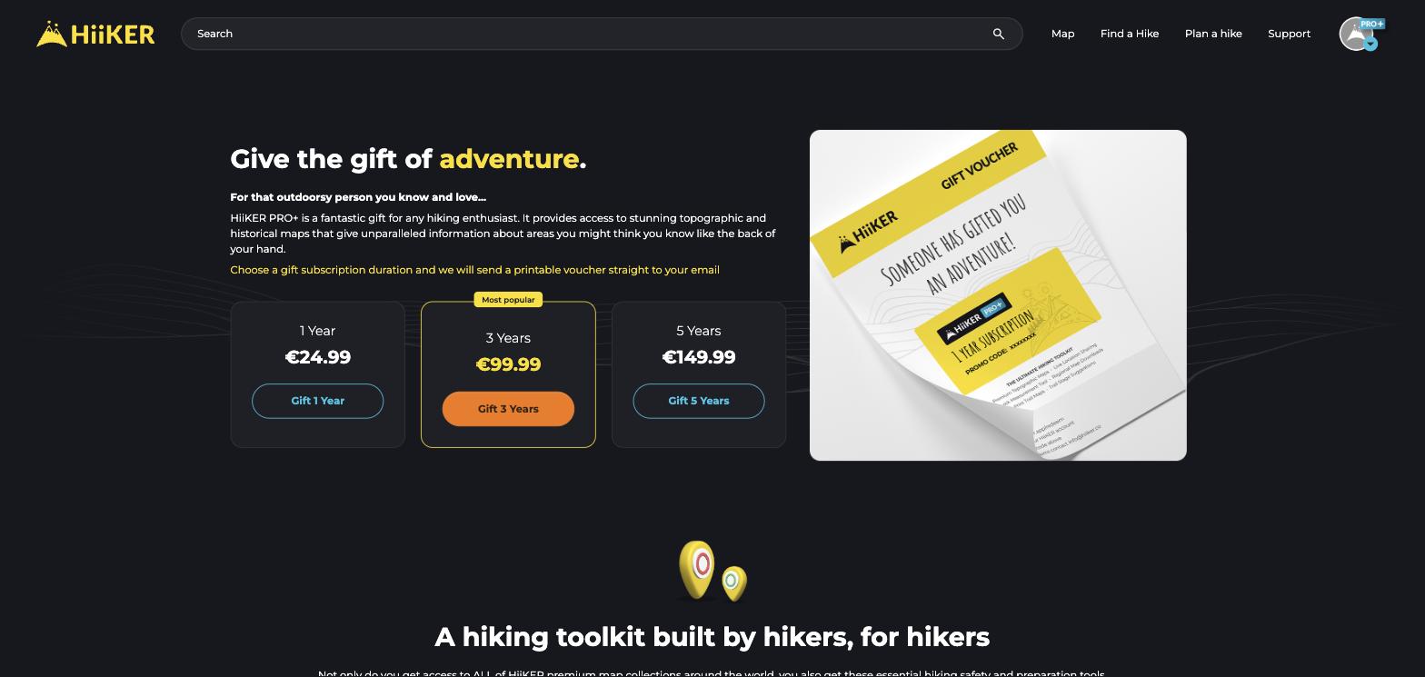 The Give the gift of adventure page on the HiiKER website with 1, 3 and 5 year options