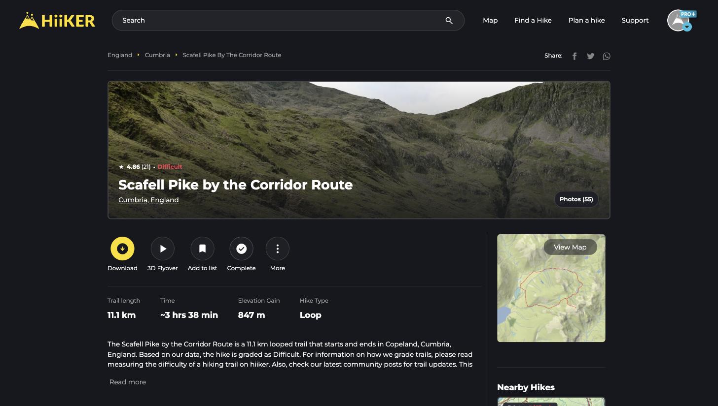 A hike page on the HiiKER website showing the photo, rating, action buttons and key stats