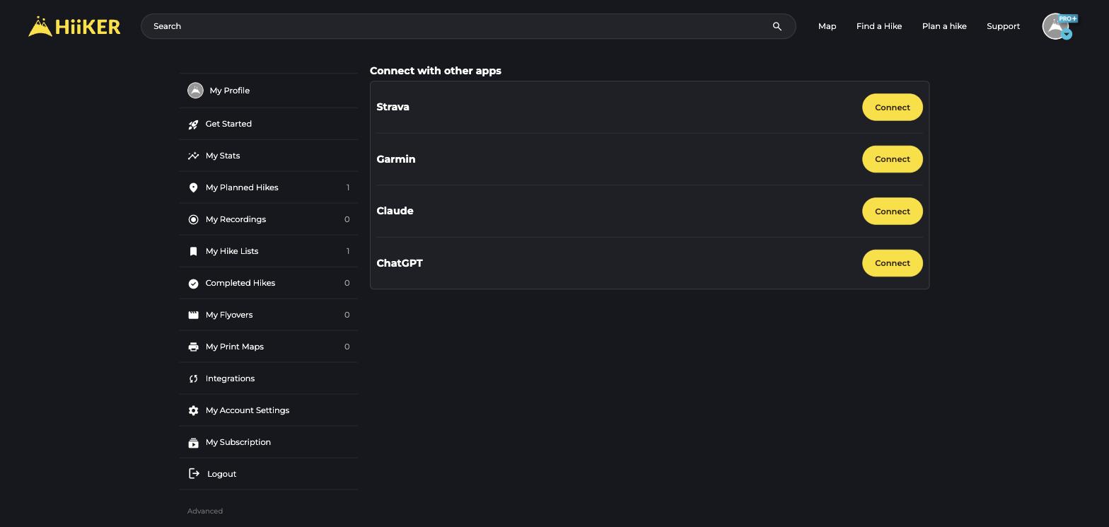 The Integrations page on the HiiKER website with Strava, Garmin, Claude and ChatGPT