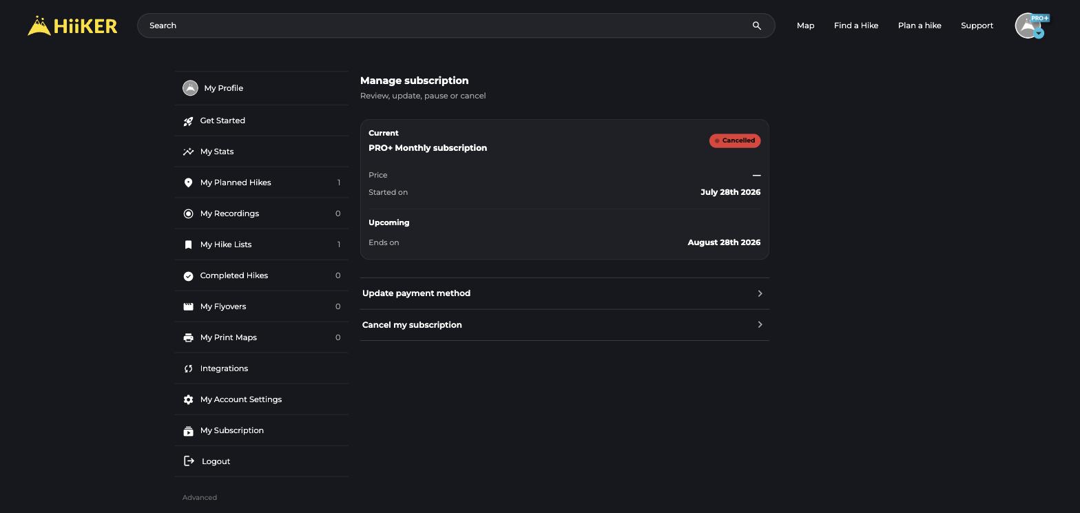 The Manage subscription page on the HiiKER website