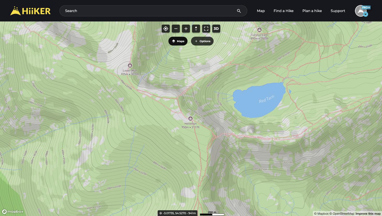 The HiiKER web map showing Helvellyn and Red Tarn in the Lake District