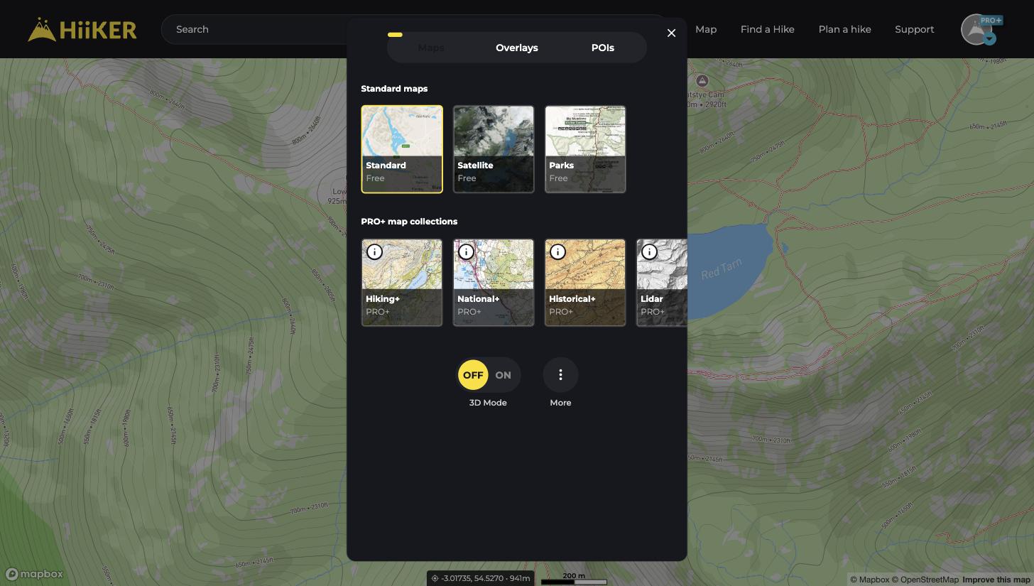 PRO+ map collections in the map styles window on the HiiKER website