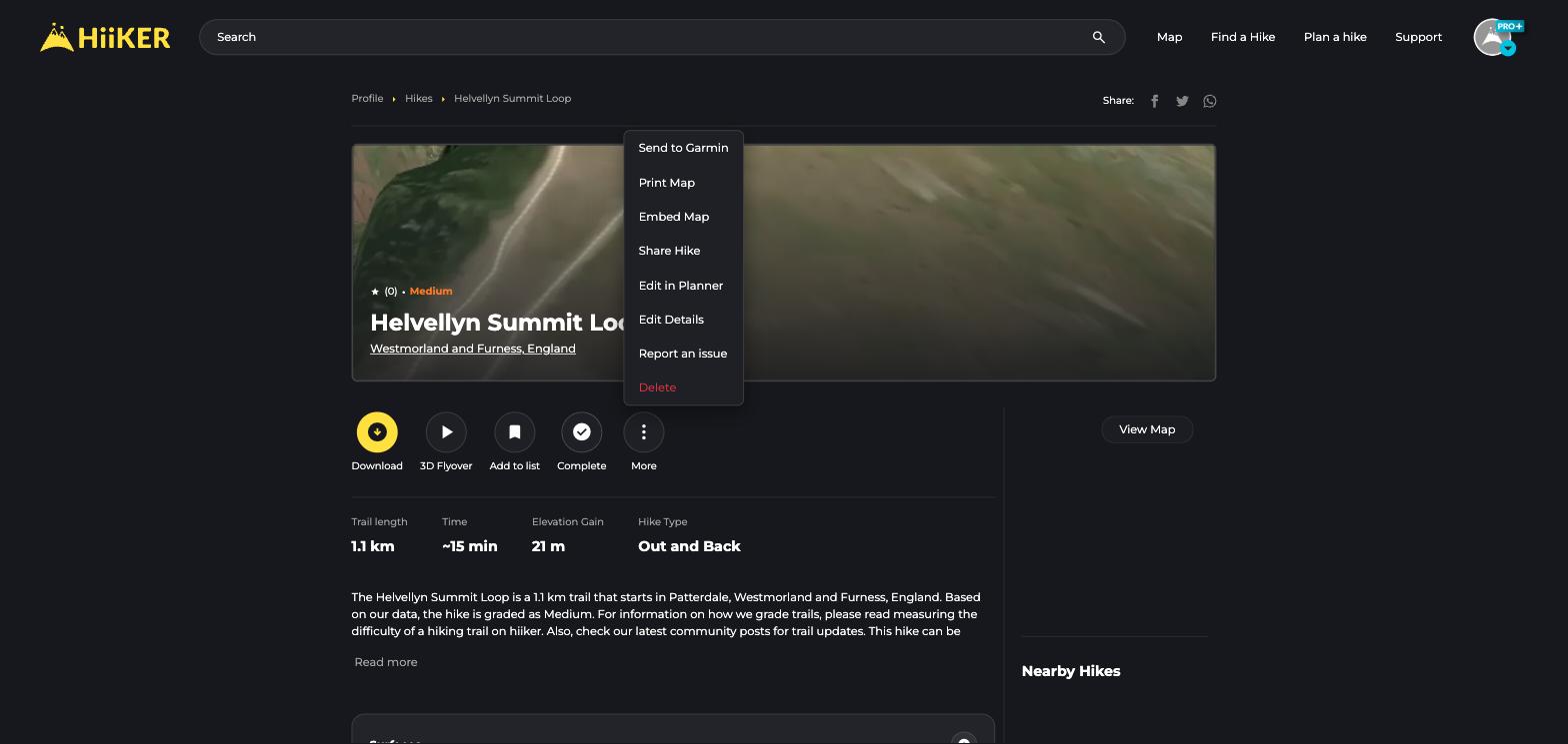 The More menu on your own hike page on the HiiKER website