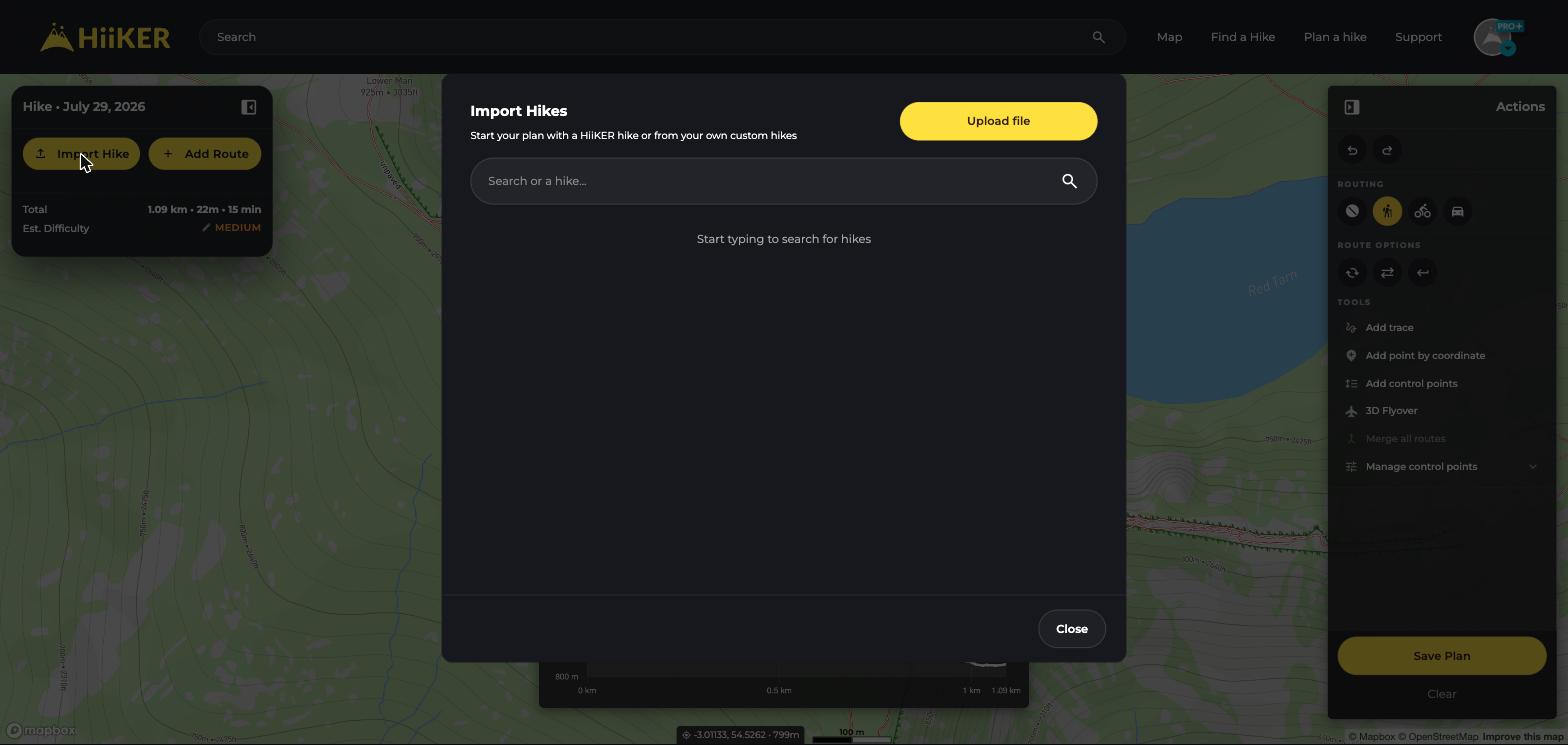 The Import Hikes dialog in the HiiKER web Hike Planner