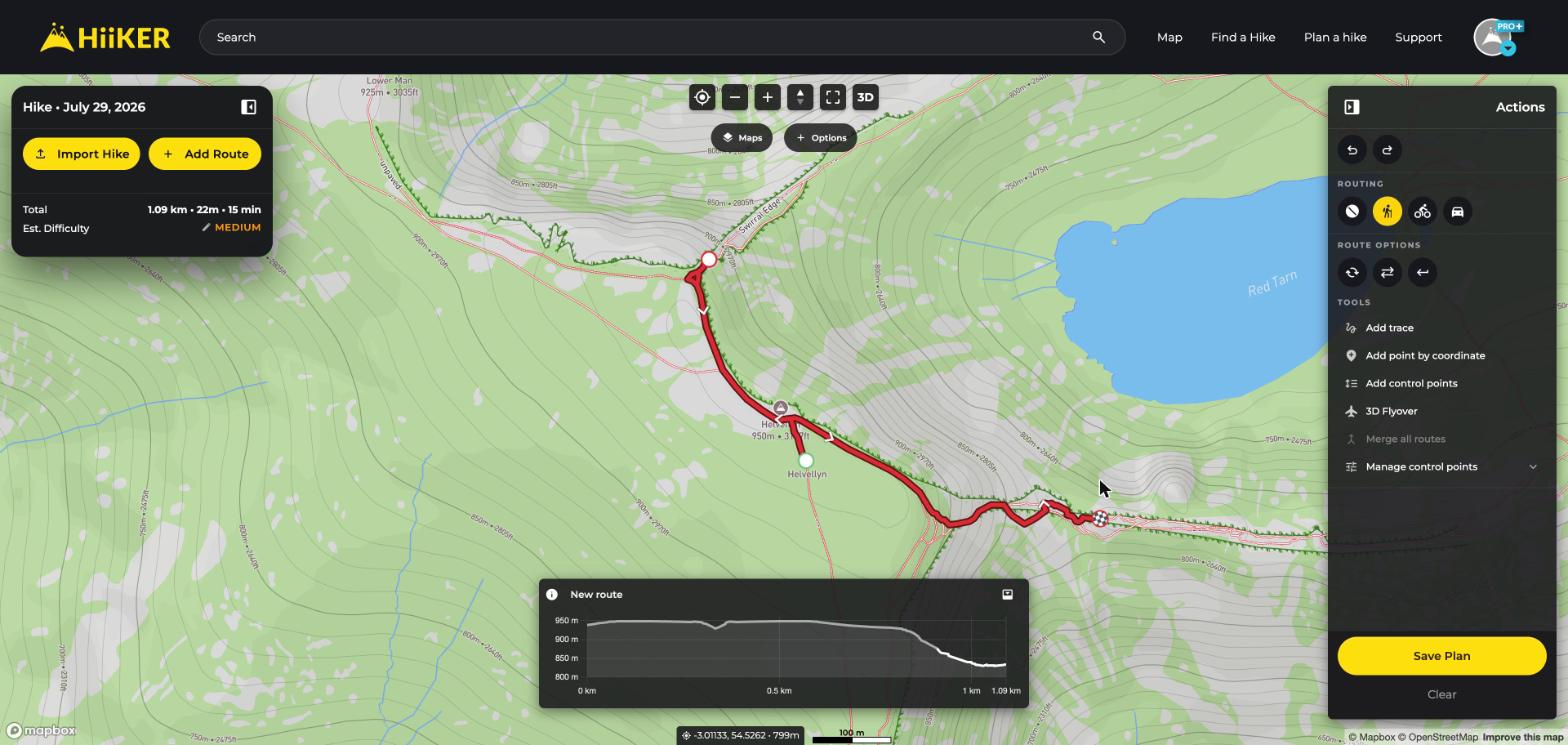 A route plotted over Helvellyn in the HiiKER web Hike Planner