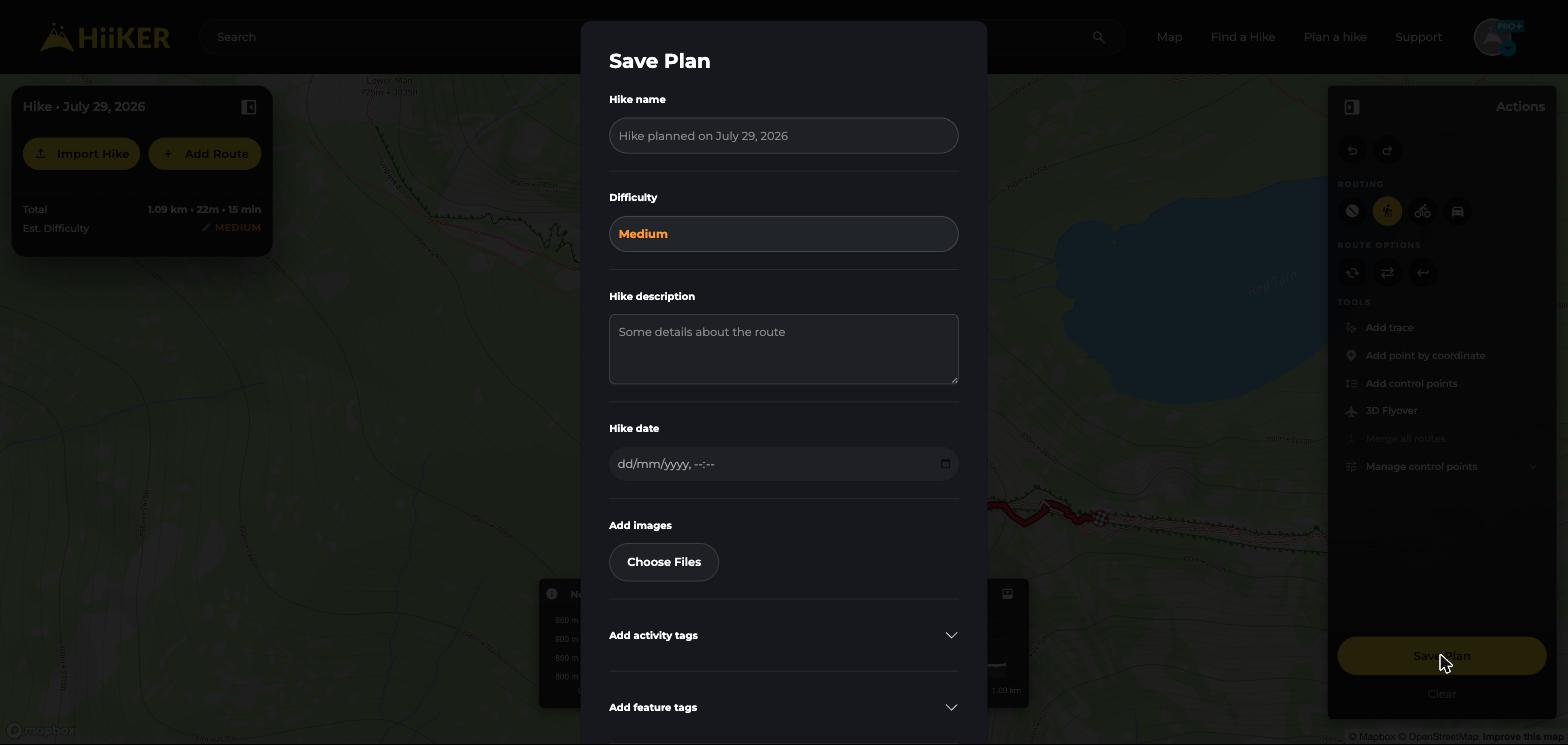 The Save Plan window in the HiiKER web Hike Planner