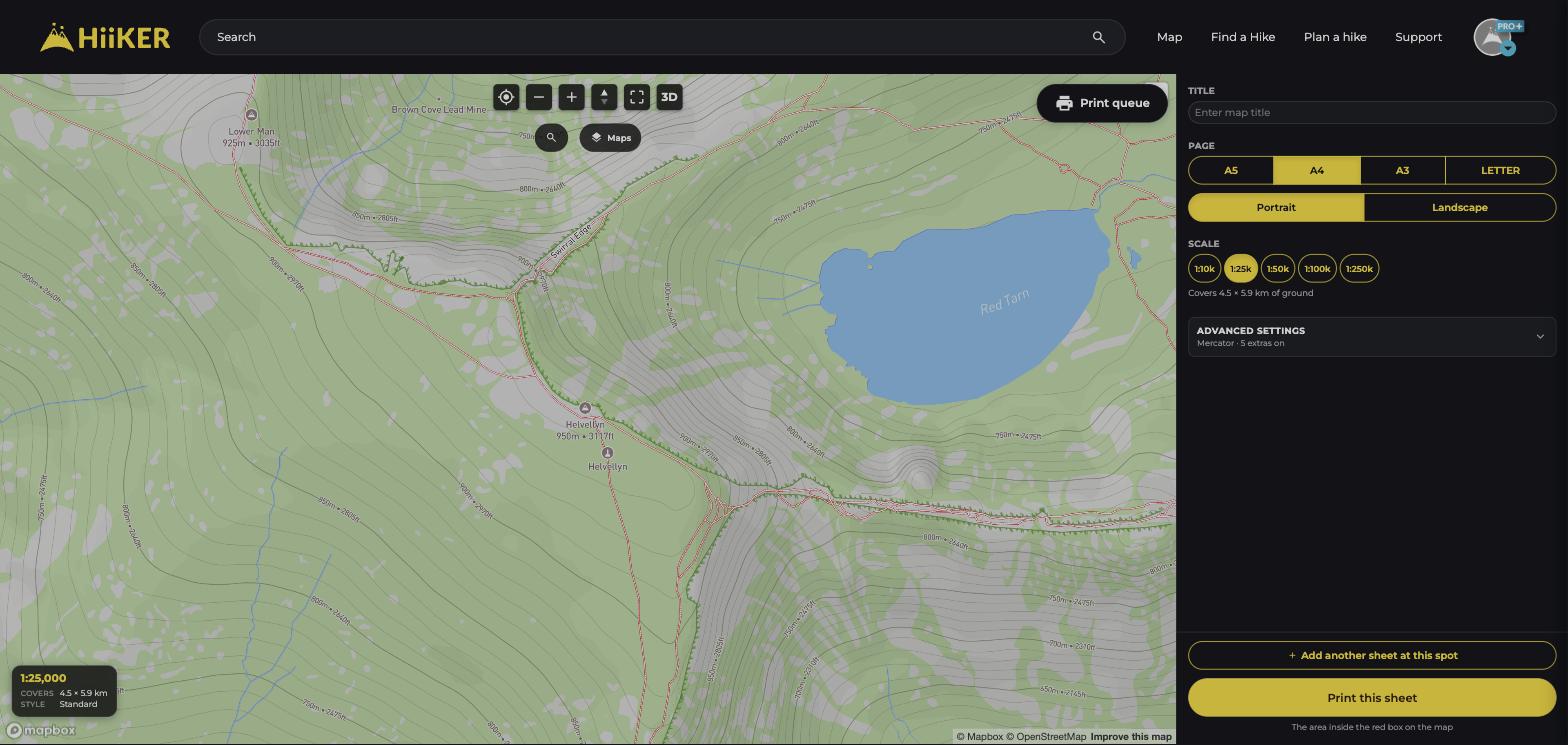 The print map builder on the HiiKER website with page size and scale options