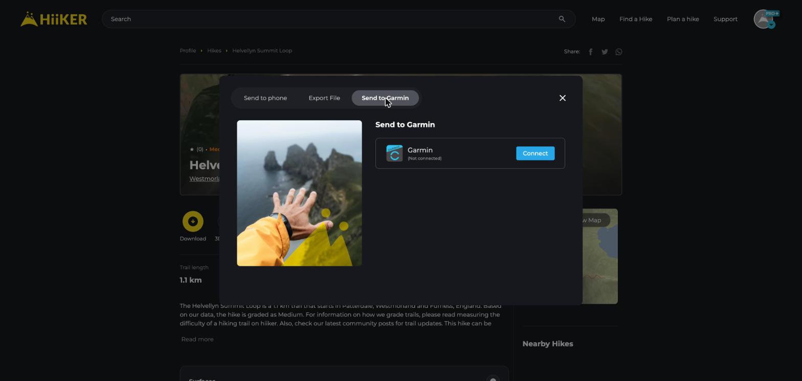 The Send to Garmin tab on a HiiKER hike page with the Connect button
