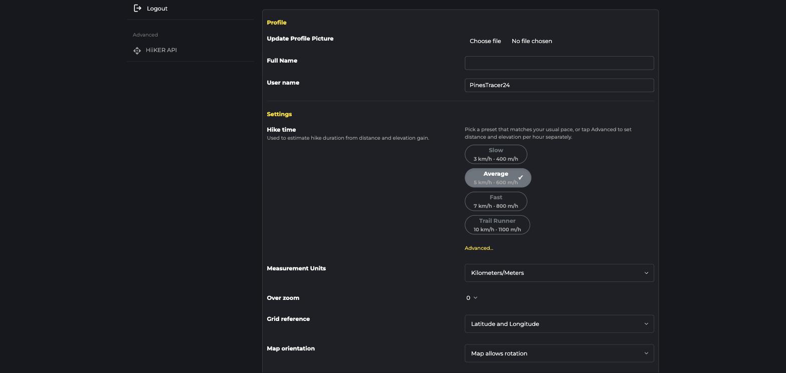 Hike time presets and measurement units in HiiKER account settings