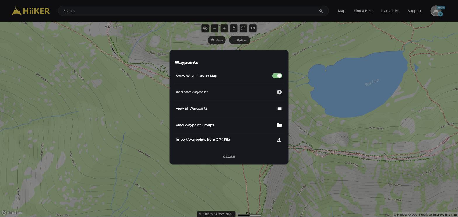 The Waypoints dialog on the HiiKER web map