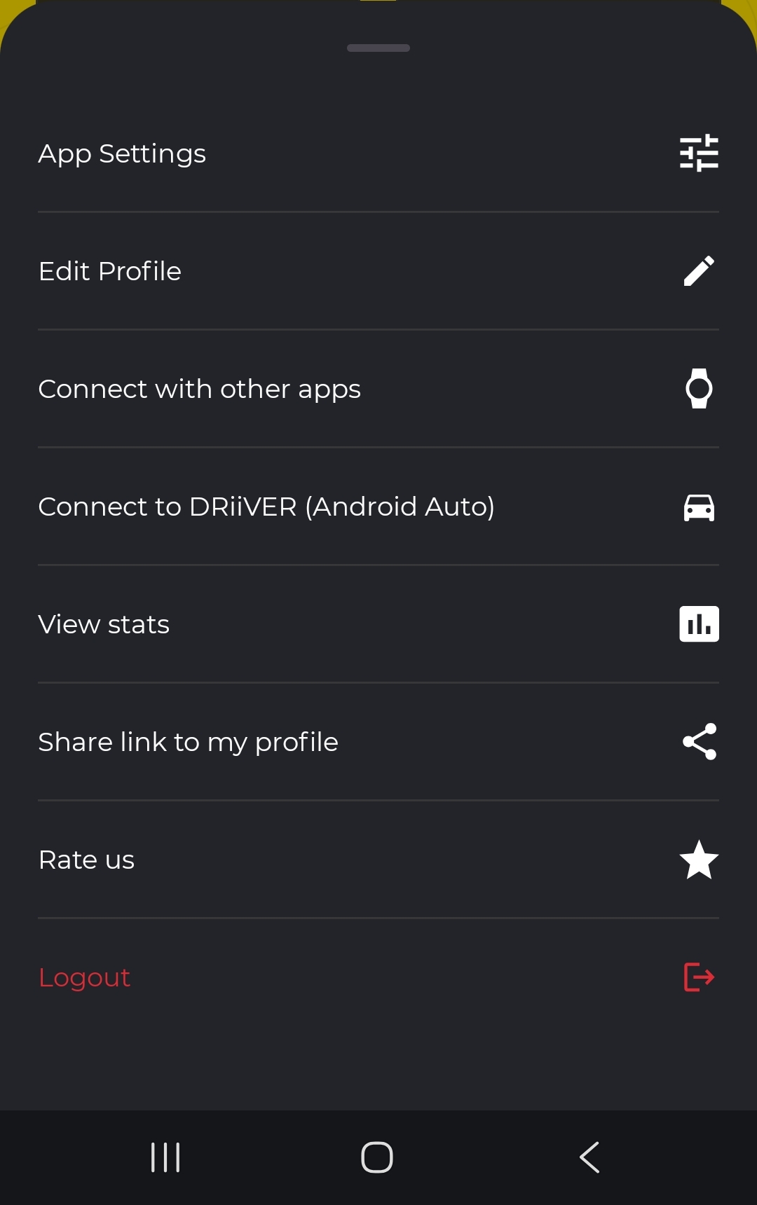The HiiKER app settings menu showing the Connect to DRiiVER (Android Auto) option