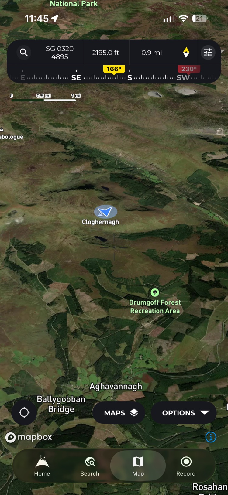 HiiKER map screen showing the map information bar with three slots, the mini compass strip and the settings icon