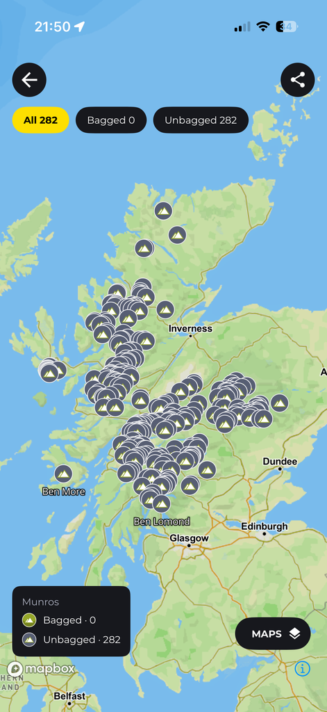 The Munros peak map in HiiKER, with All 282, Bagged 0 and Unbagged 282 filter chips over a map of Scotland dotted with peak pins