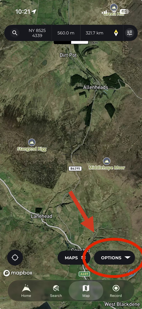 The HiiKER map with the Options button circled at the bottom of the screen