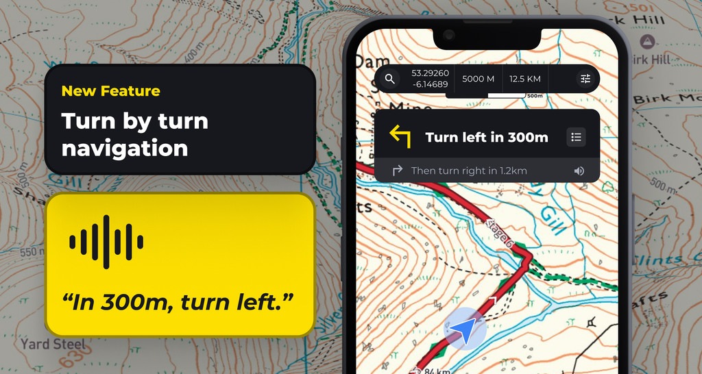 HiiKER turn-by-turn navigation: a phone showing Turn left in 300m on the map, with the spoken cue In 300m, turn left