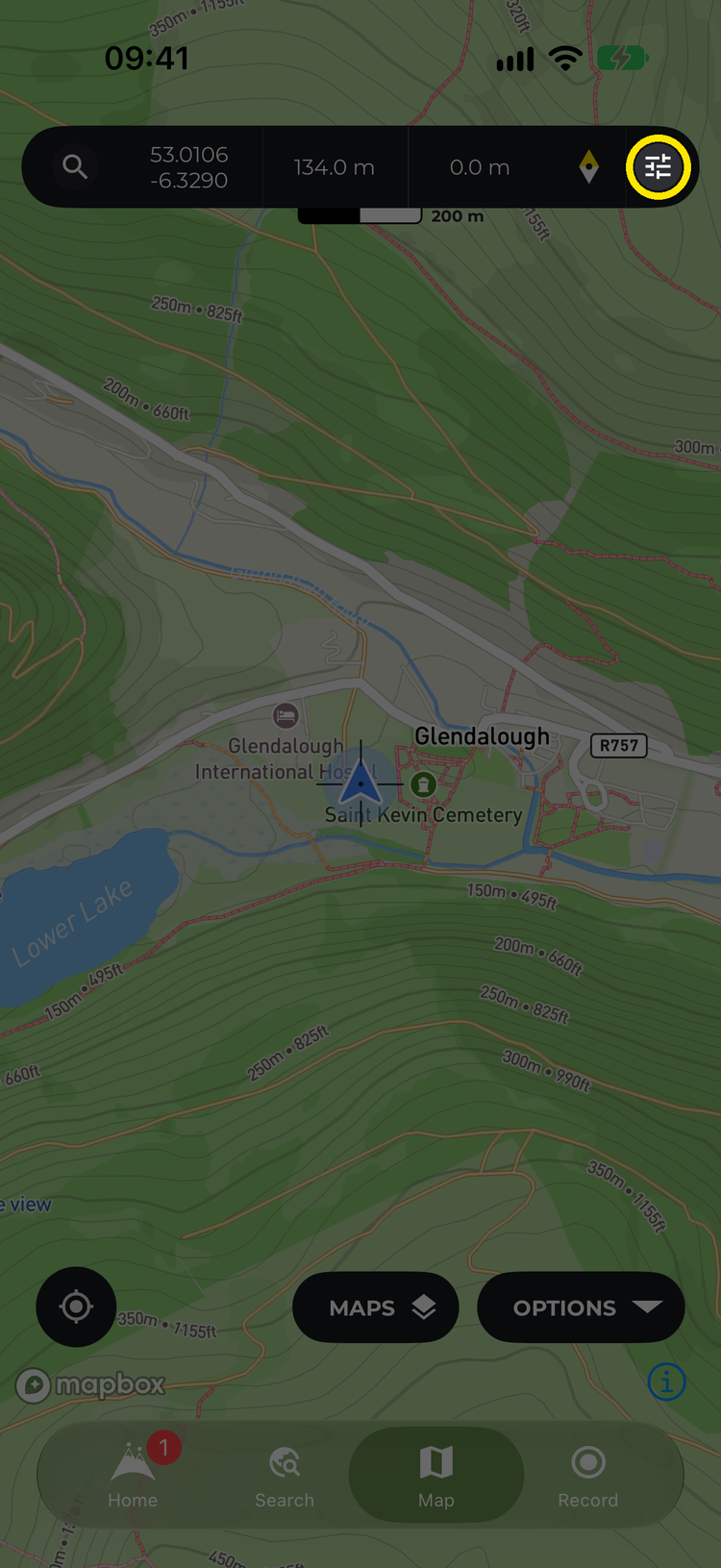The HiiKER map with the settings icon at the right-hand end of the map information bar highlighted
