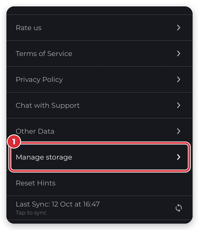 HiiKER App Settings on iPhone with Manage storage highlighted, near the bottom of the list