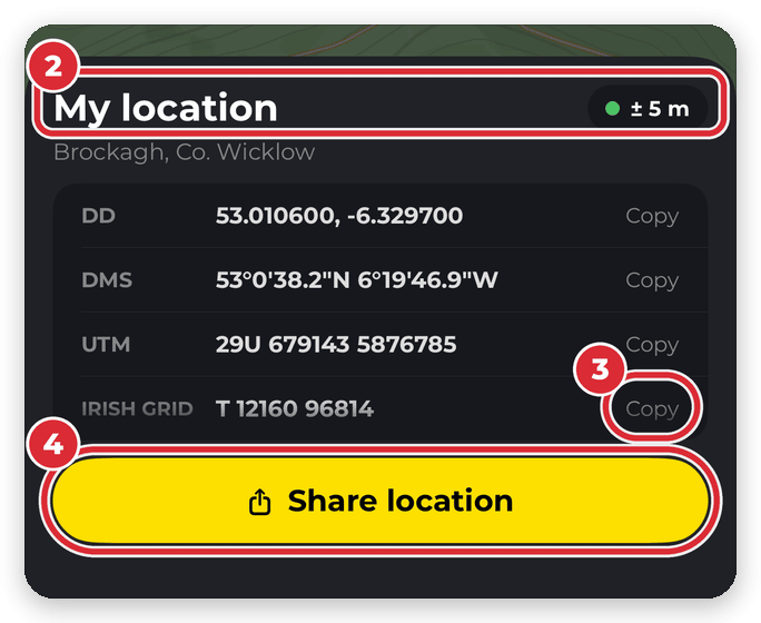 HiiKER Compass screen on iPhone showing My location with ± 5 m accuracy, DD, DMS, UTM and Irish Grid coordinates with Copy buttons, and the Share location button