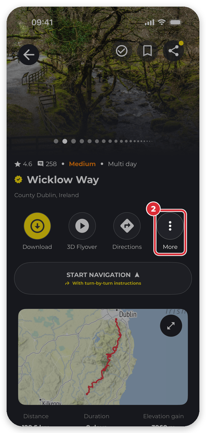 Hike overview in the HiiKER app with the More button highlighted in the row Download, 3D Flyover, Directions, More
