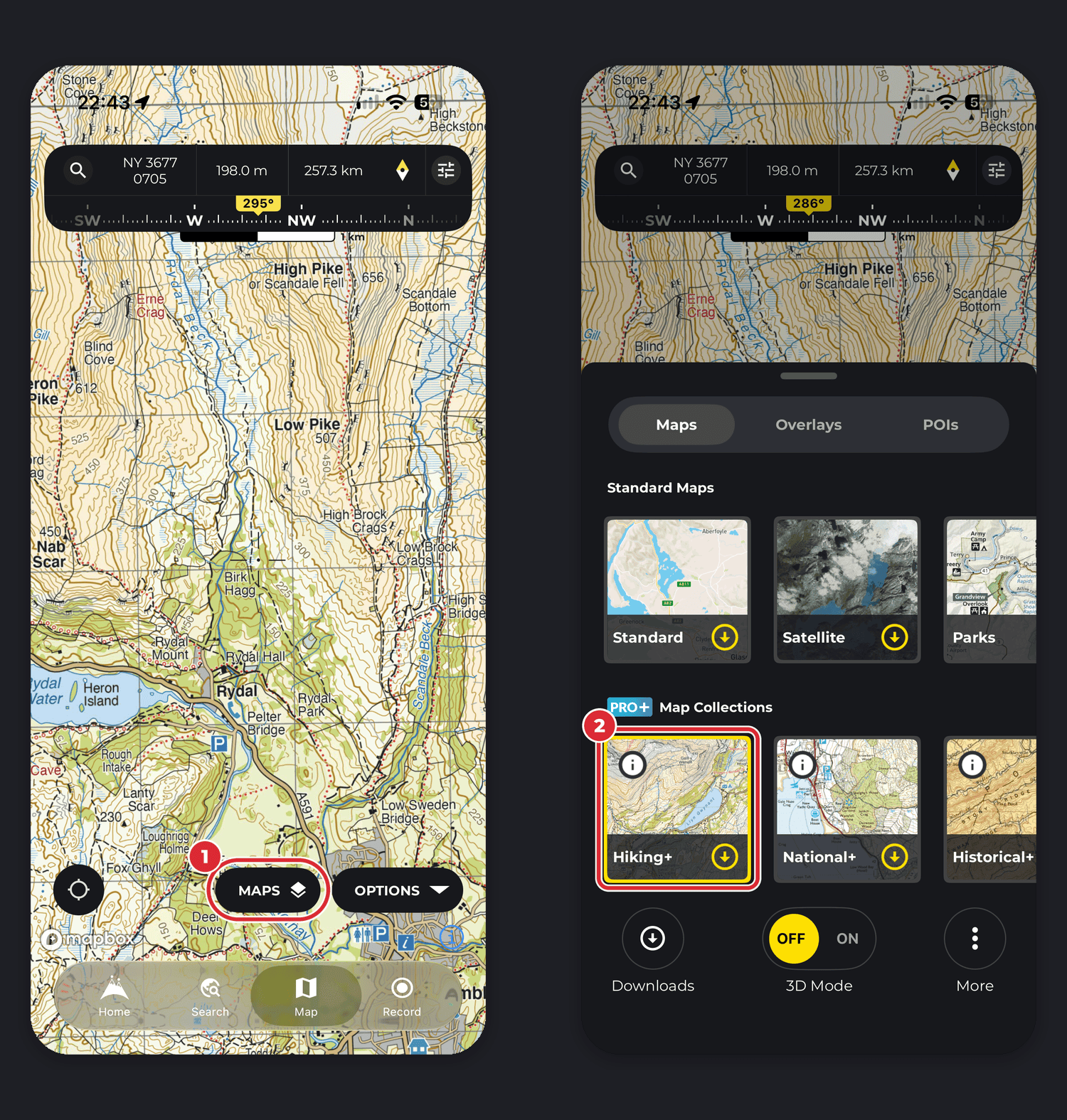 Two iPhone screens: the map with the Maps button ringed (1), then the Maps sheet with the Hiking+ map collection ringed (2)