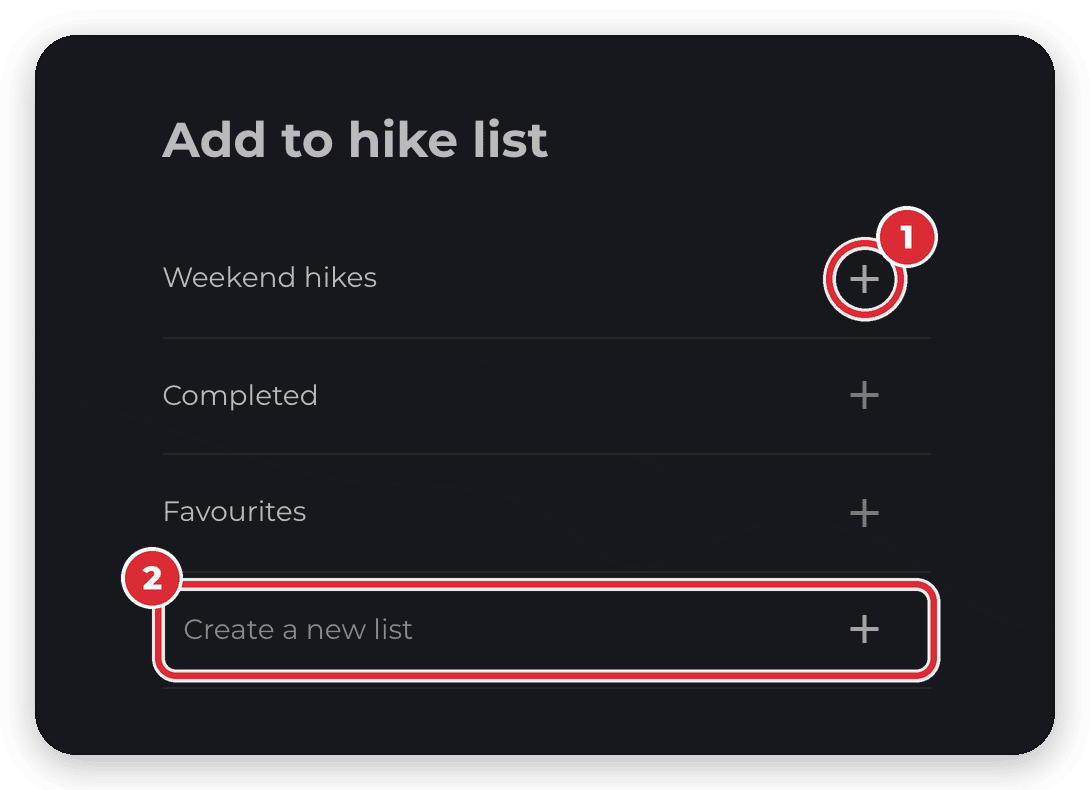 The Add to hike list window on the HiiKER website, with the + button next to a list and the Create a new list field highlighted