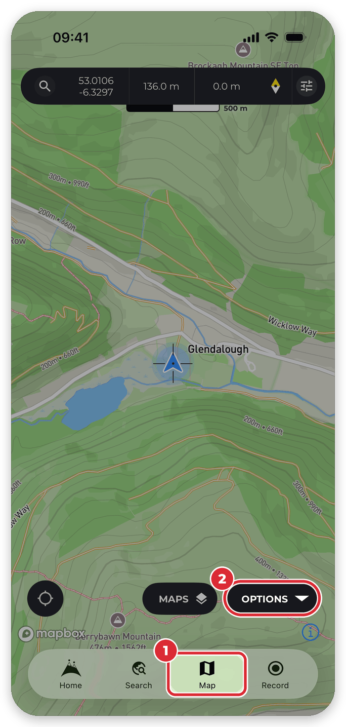 HiiKER Map tab with the Map tab and the Options button highlighted