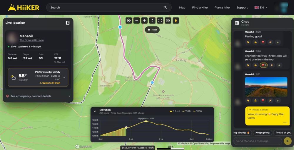 Following a hike live in a web browser with HiiKER Live Locator: the hiker's track, distance, to go and ETA, weather with a gust warning, an elevation profile and the chat