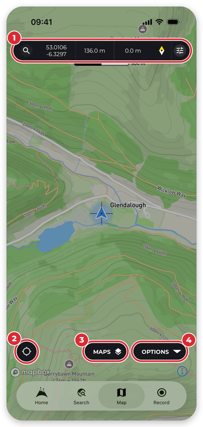 HiiKER Map tab on iPhone with numbered markers: 1 the map information bar, 2 the location button, 3 the Maps button, 4 the Options button