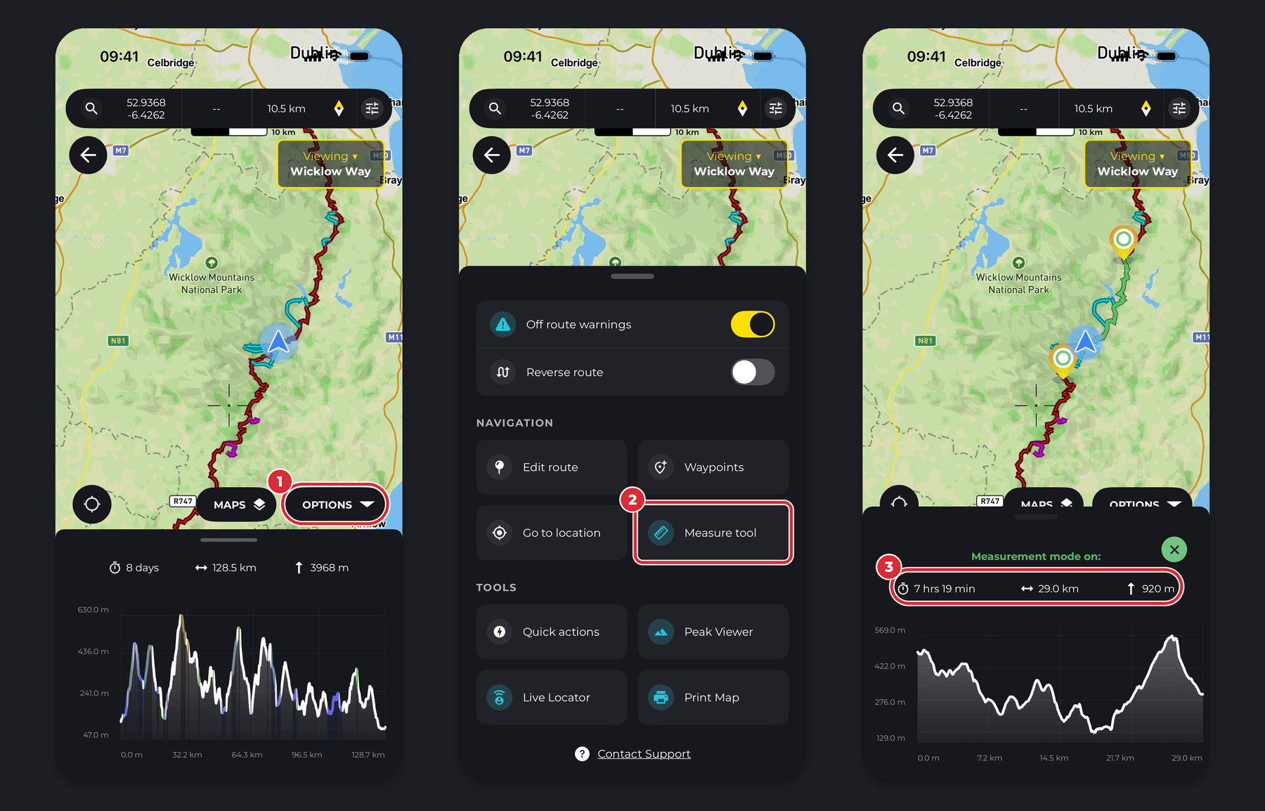 Three iPhone screens: the Options button on a route map, the Measure tool in the Options sheet, and measurement mode showing time, distance and elevation gain