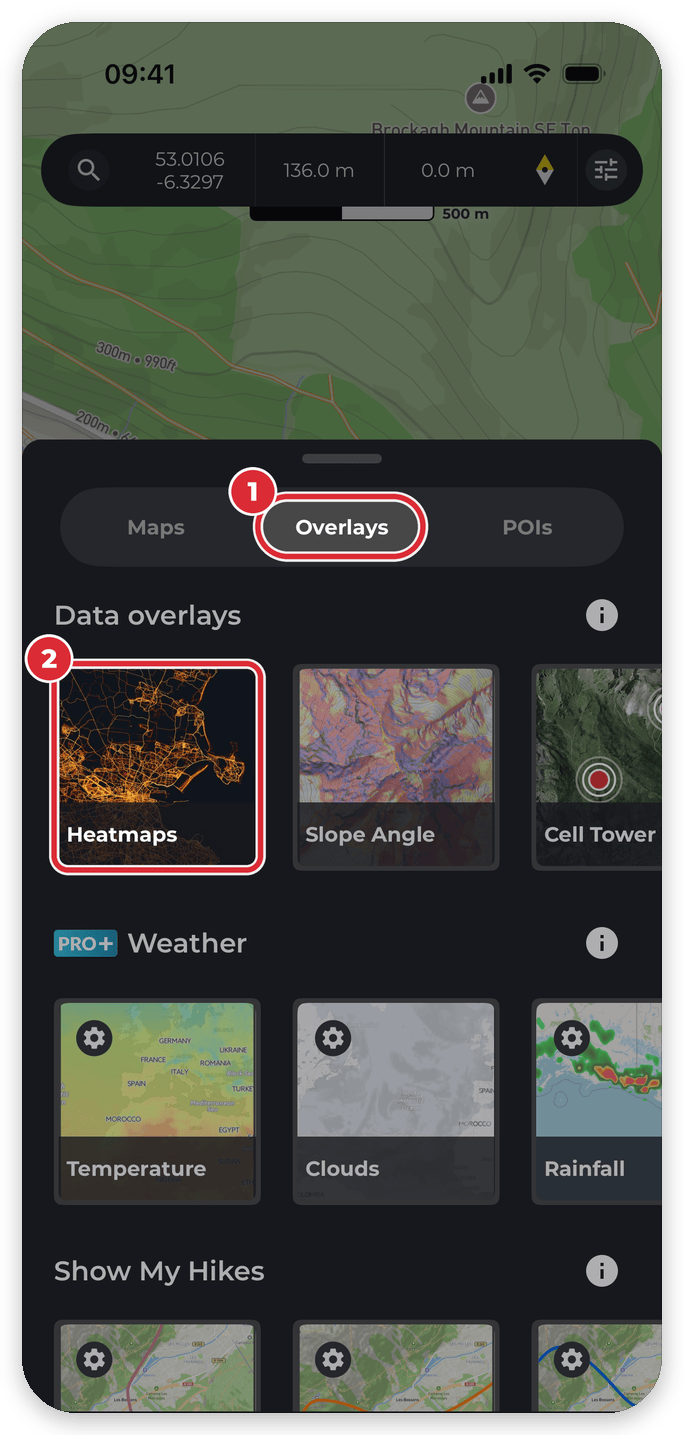The Overlays tab in the HiiKER Maps window, with the Heatmaps overlay highlighted