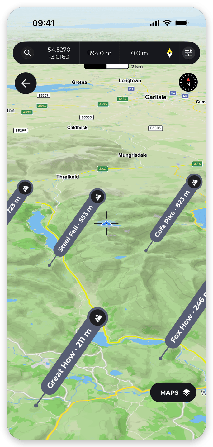 Peak Viewer's peak map on iPhone, showing named peaks such as Steel Fell and Cofa Pike standing on 3D terrain around Helvellyn
