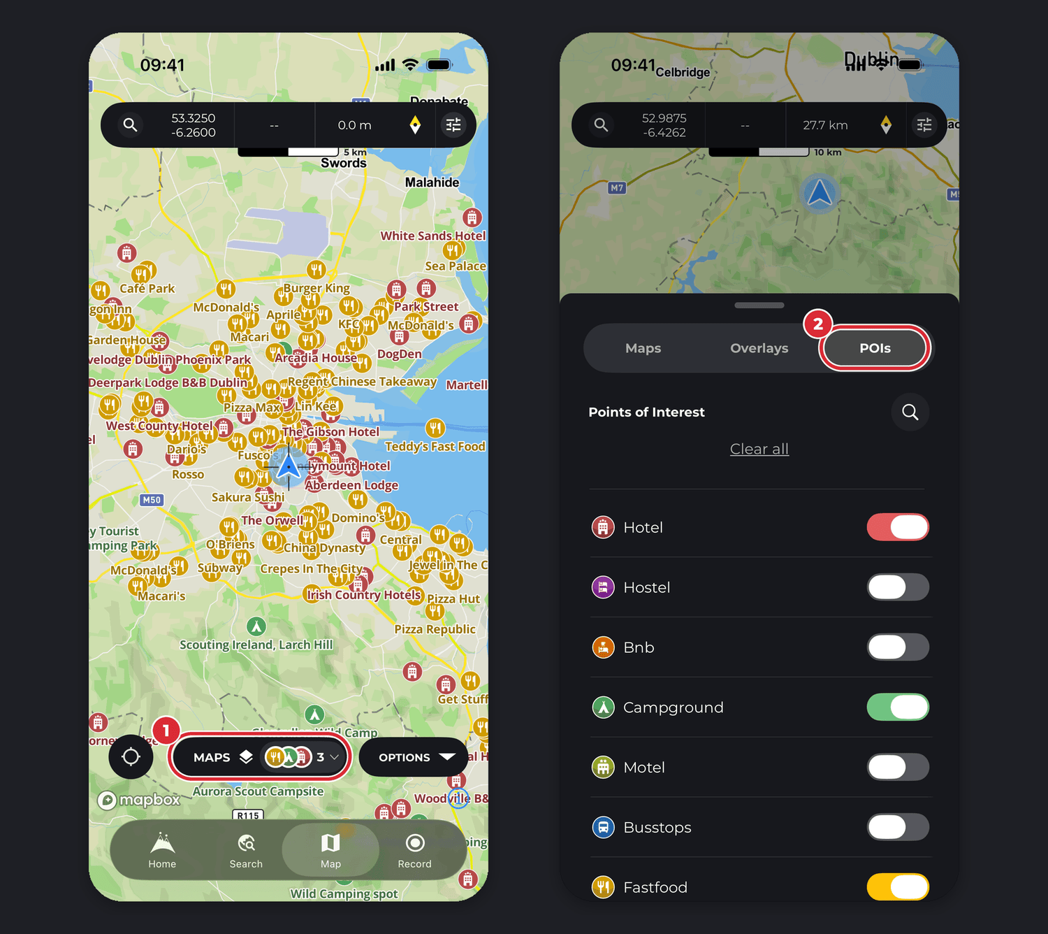 Two iPhone screens: the Maps button on a map showing points of interest, and the POIs tab in the Maps sheet with category toggles