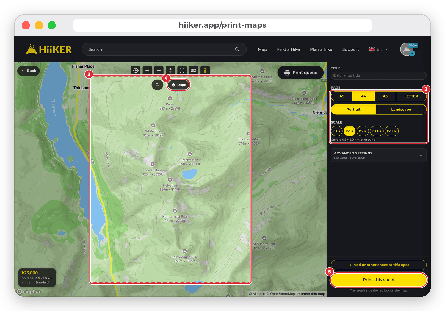 The HiiKER website print builder: the red sheet box on the map, page size, orientation and scale options, the Maps button and Print this sheet