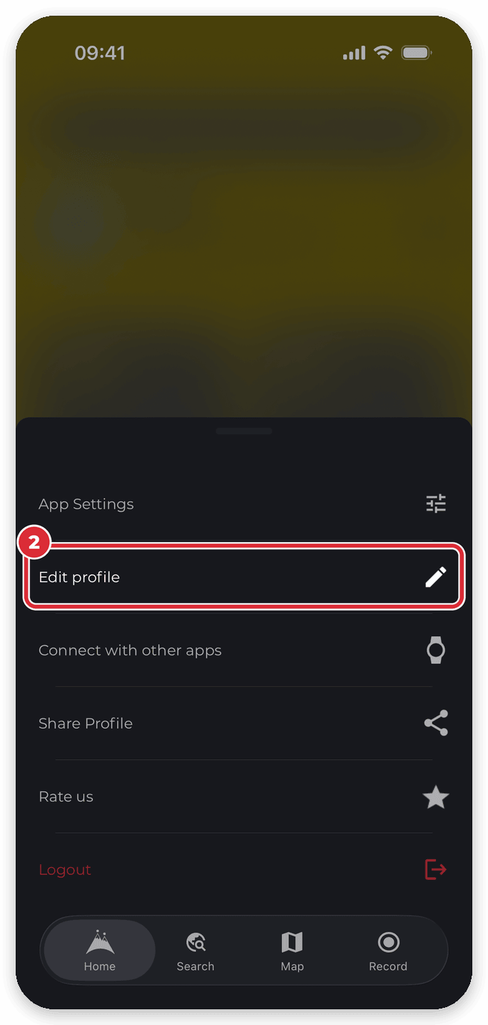 Settings menu opened from the gear on the HiiKER iPhone Home tab, with Edit profile highlighted
