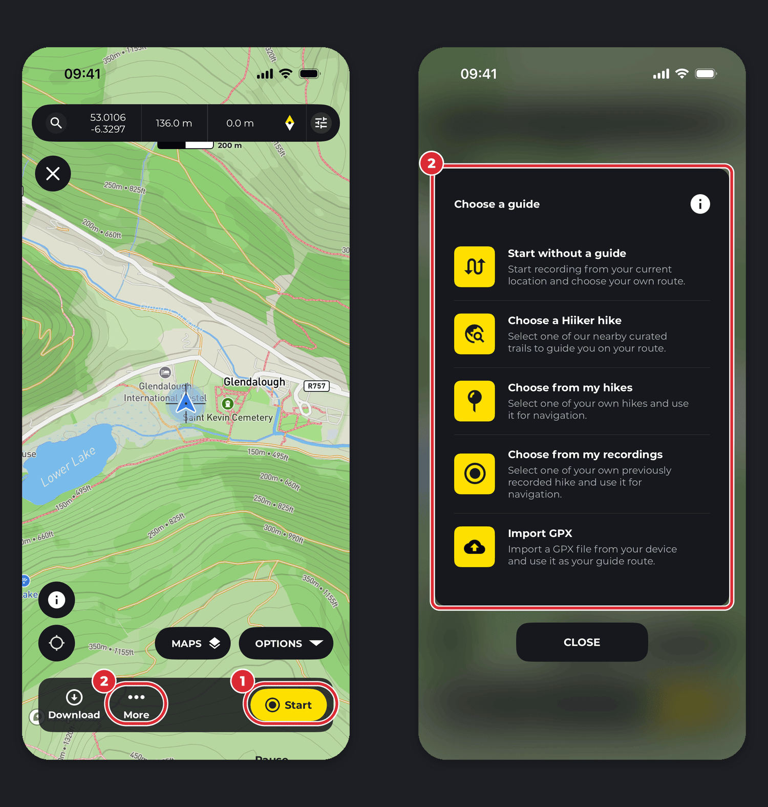 Two iPhone screens: the Record tab with the Start button (1) and More button (2) at the bottom, then the Choose a guide sheet that More opens, listing Start without a guide, Choose a HiiKER hike, Choose from my hikes, Choose from my recordings and Import GPX