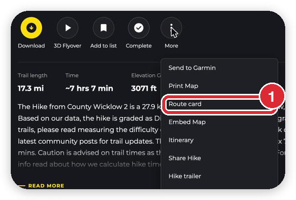 The More menu on a HiiKER hike page on the website, with Route card highlighted