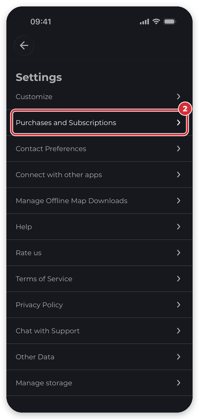 App Settings page in the HiiKER iPhone app with Purchases and Subscriptions highlighted