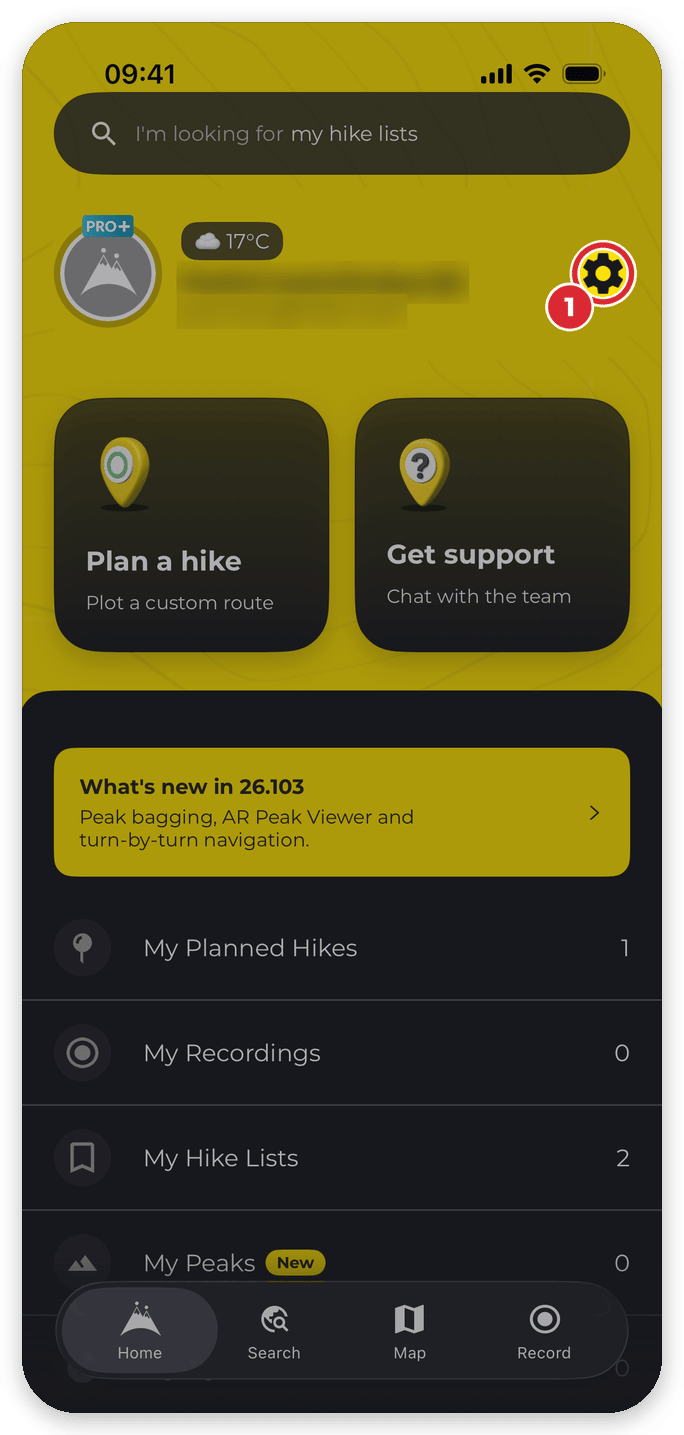 HiiKER iPhone app Home tab with the settings (gear) icon at the top right highlighted