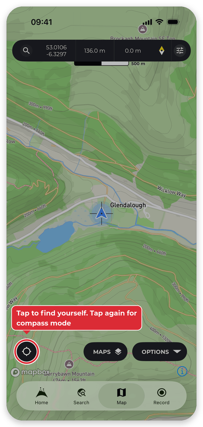 The location button in the bottom-left corner of the HiiKER map, labelled: tap to find yourself, tap again for compass mode