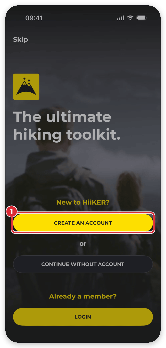 HiiKER iPhone welcome screen with the CREATE AN ACCOUNT button highlighted