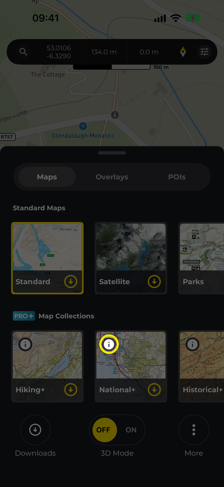 The Maps window with the info icon on the National+ map collection highlighted