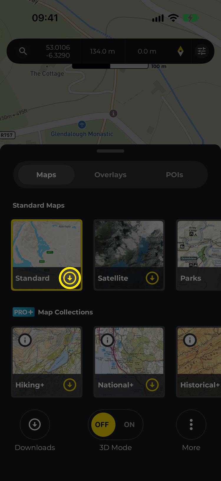 The Maps sheet with the yellow download icon on the Standard map style highlighted