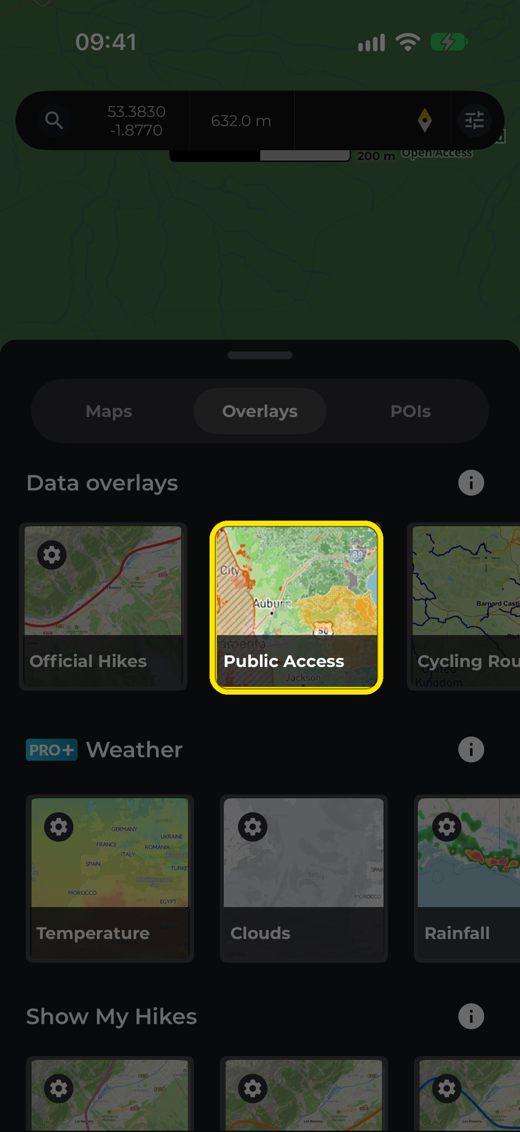The Maps window's Overlays tab with the Public Access tile highlighted under Data overlays