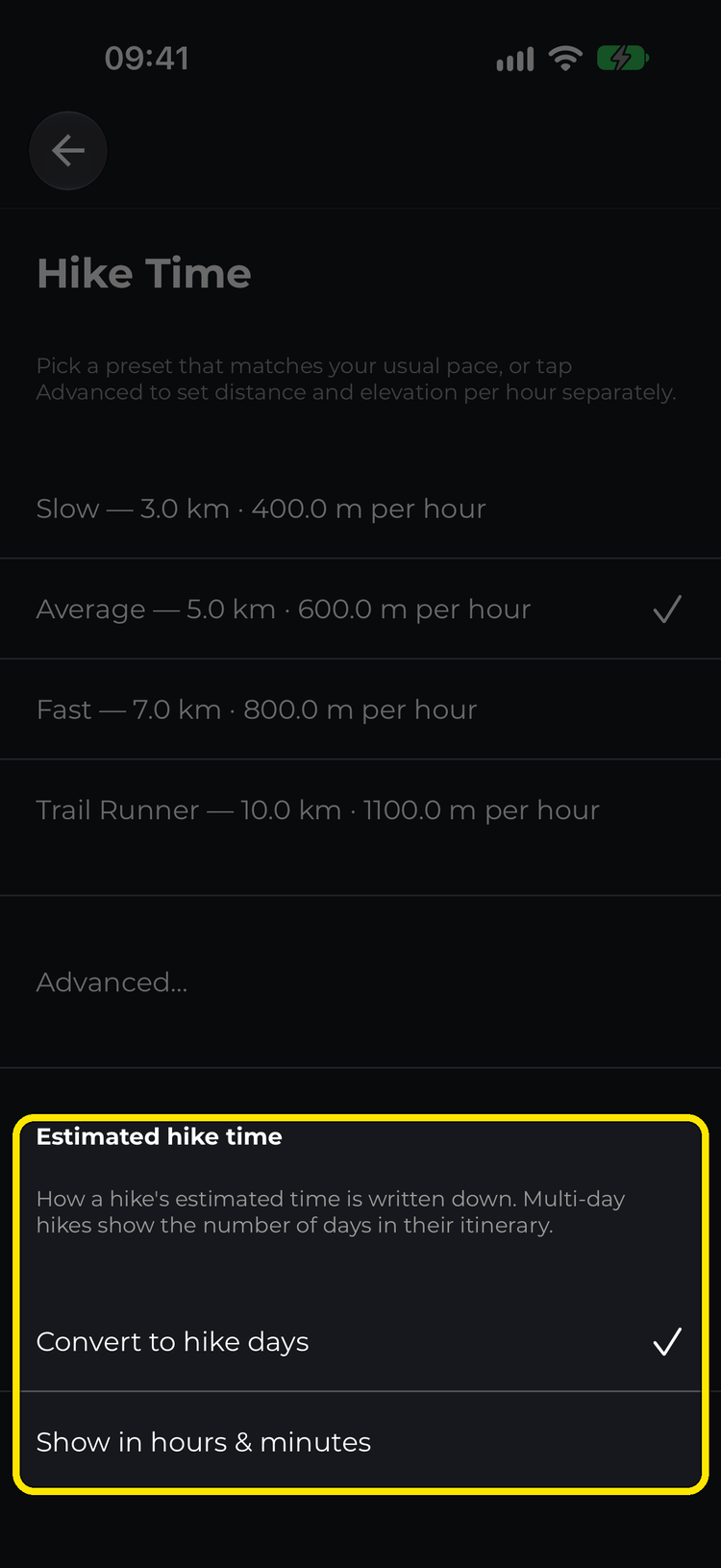 The Estimated hike time options: Convert to hike days and Show in hours & minutes