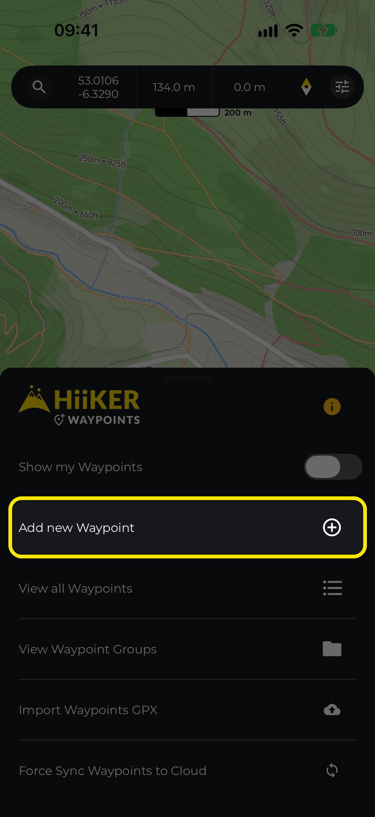 The Waypoints menu from map Options with Add new Waypoint highlighted